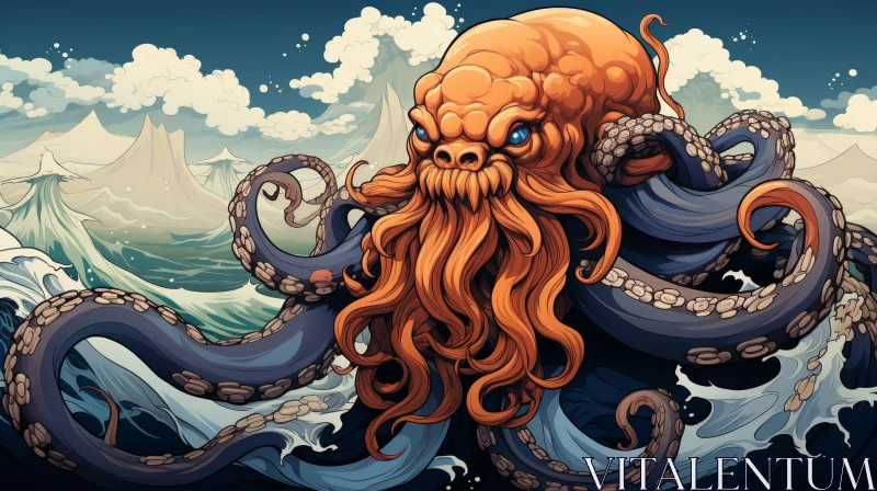 Orange Giant Octopus Digital Painting in Stormy Sea AI Image