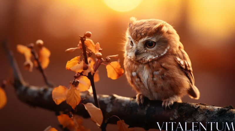 Owl Portrait on Branch with Leaves AI Image