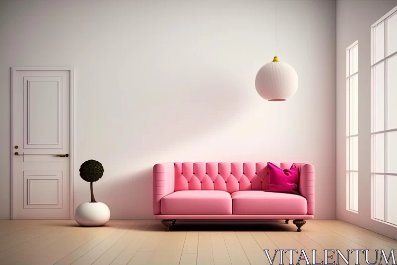 Pink Sofa in an Empty Room: Cartoonish Simplicity and Realistic Lighting AI Image
