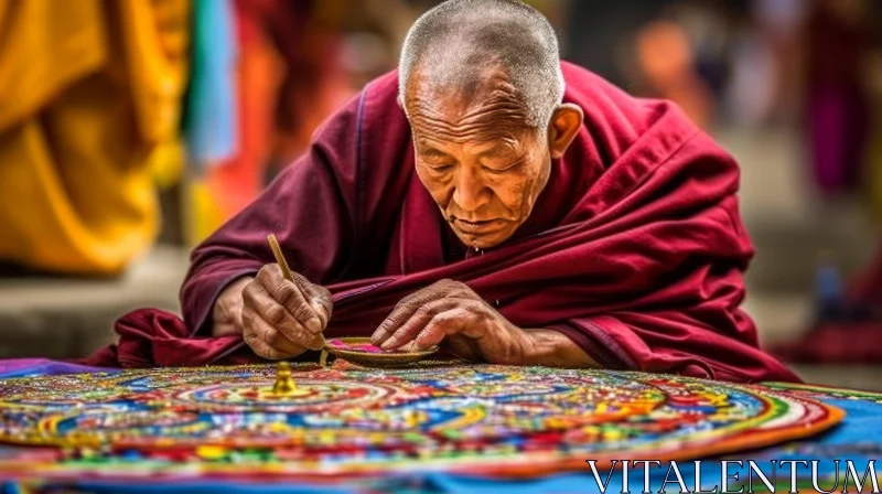 Serene Buddhist Monk Creating Colorful Sand Mandala AI Image