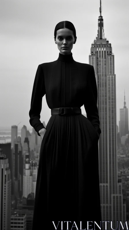 AI ART Serious Woman in Black Dress on New York City Rooftop
