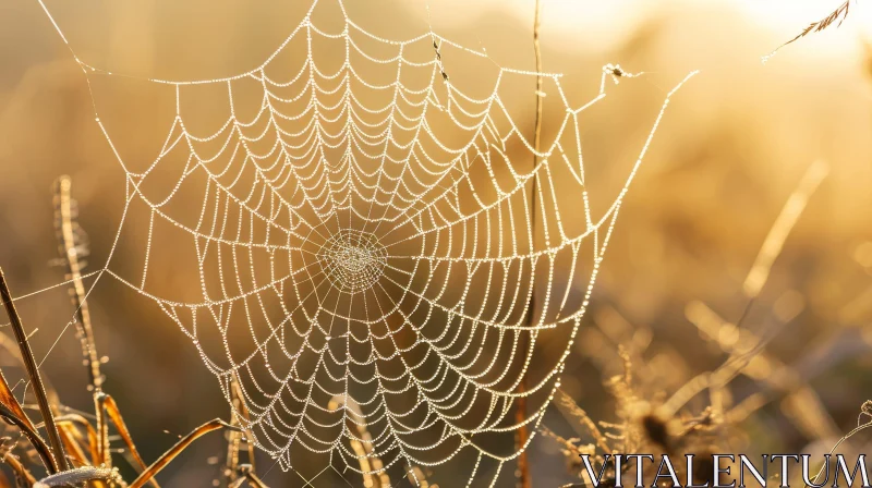 Symmetrical Spider Web in Morning Dew AI Image
