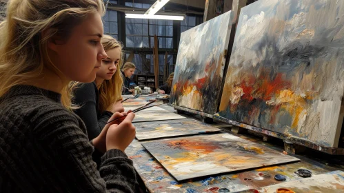 Three Women Painting in an Art Studio