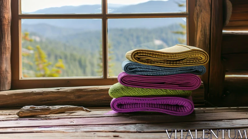 Yoga Mats Stack by Window with Mountain View AI Image