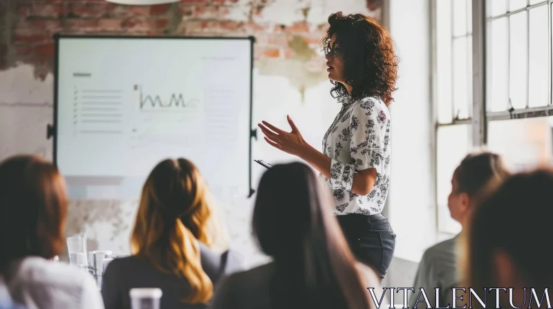 Young Woman Giving Presentation in Office Conference Room AI Image