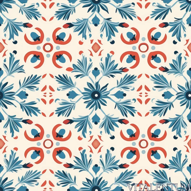 Blue and Red Floral Quatrefoil Pattern on Cream Background AI Image