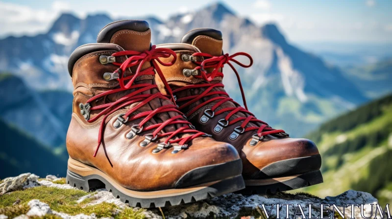 Brown Leather Hiking Boots in Mountain Landscape AI Image