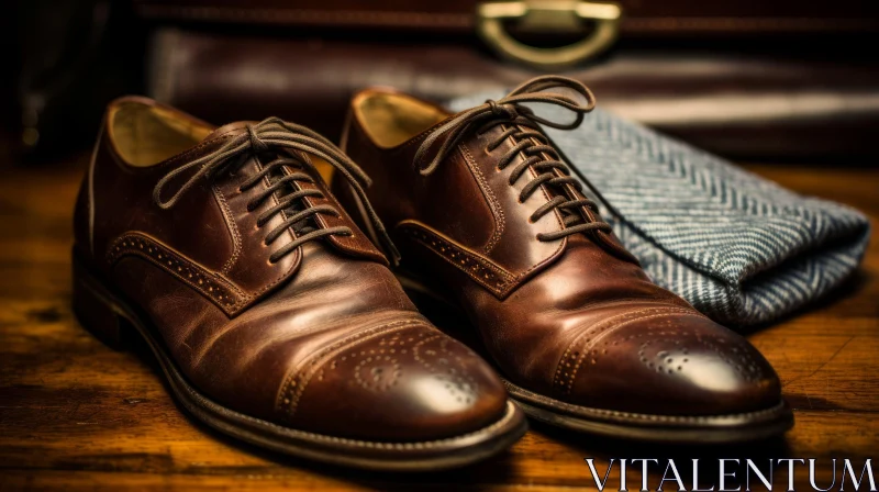 Brown Leather Shoes on Wooden Table AI Image