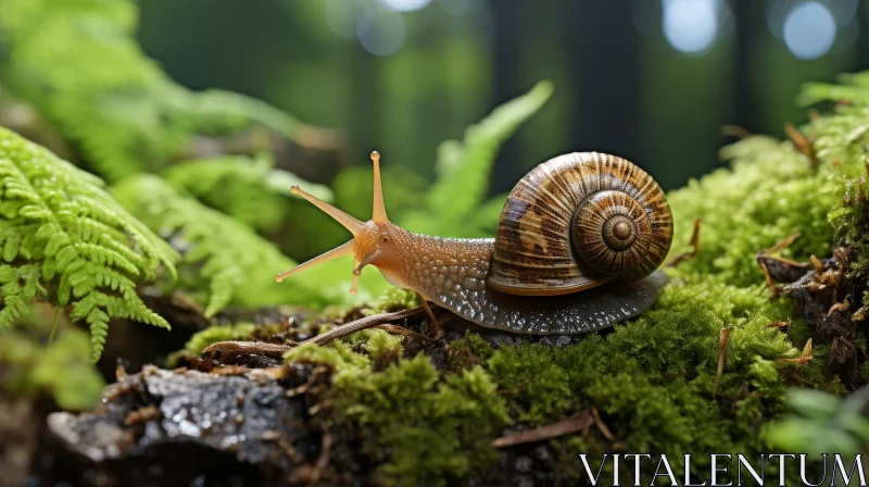 Brown-Shelled Snail on Green Moss in Forest AI Image