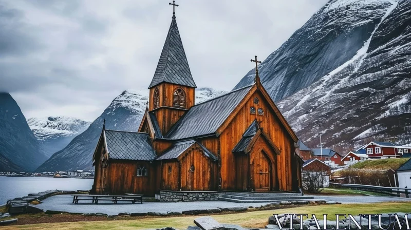 Captivating Beauty: A Tranquil Wooden Church Amidst Snow-Capped Mountains AI Image