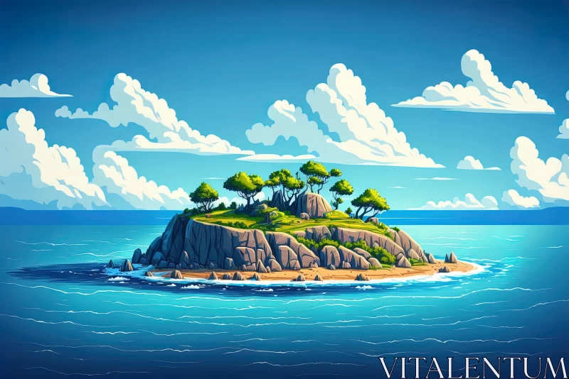 Cartoon Island in the Ocean: A Realistic Landscape Painting AI Image