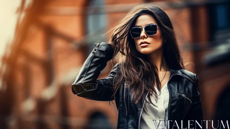 Confident Woman in Black Leather Jacket and Sunglasses AI Image