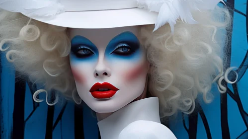 Elegant Mannequin with White Hat and Blue Eyeshadow