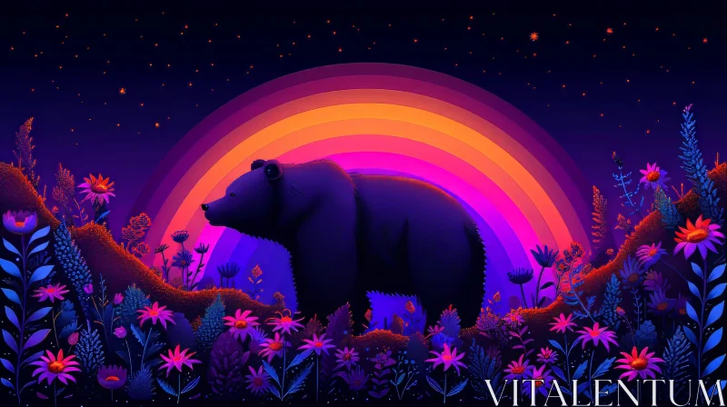 Enchanting Bear in Flower Field Under Rainbow Night Sky AI Image