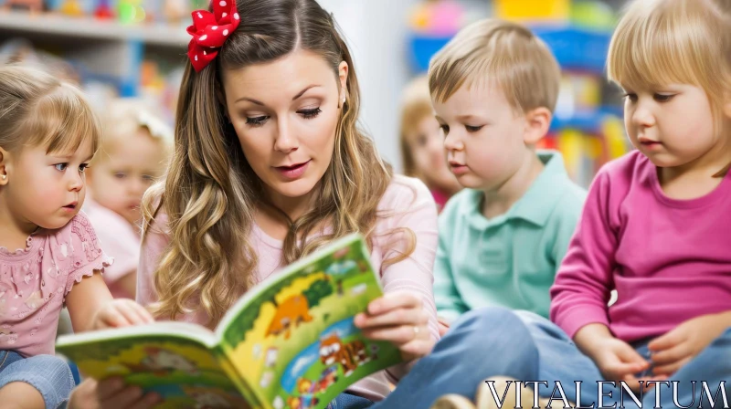 Enchanting Classroom Moment: Young Teacher Reading to Engaged Children AI Image