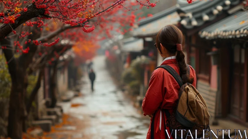 Enchanting Scene of a Woman in a Red Traditional Korean Hanbok Dress AI Image