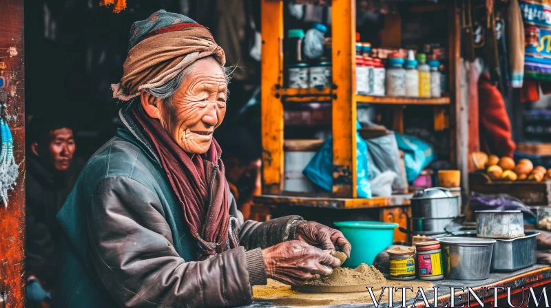 AI ART Enchanting Scene of an Elderly Woman at a Vibrant Market