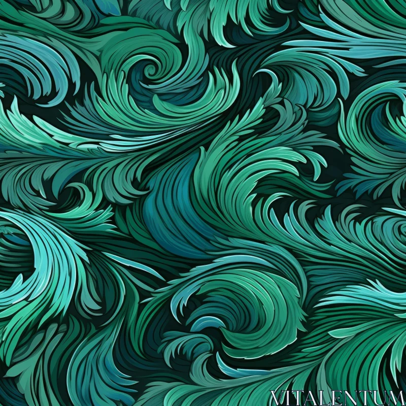 Green and Blue Leaves Pattern - Retro Art Nouveau Style AI Image