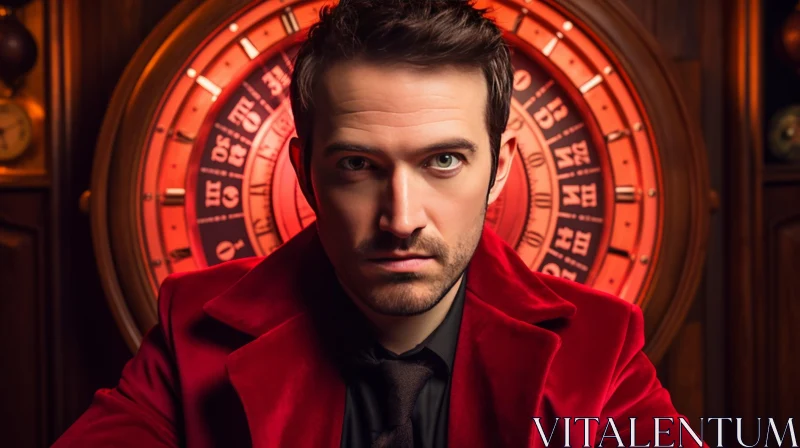 Man in Red Suit at Roulette Wheel AI Image