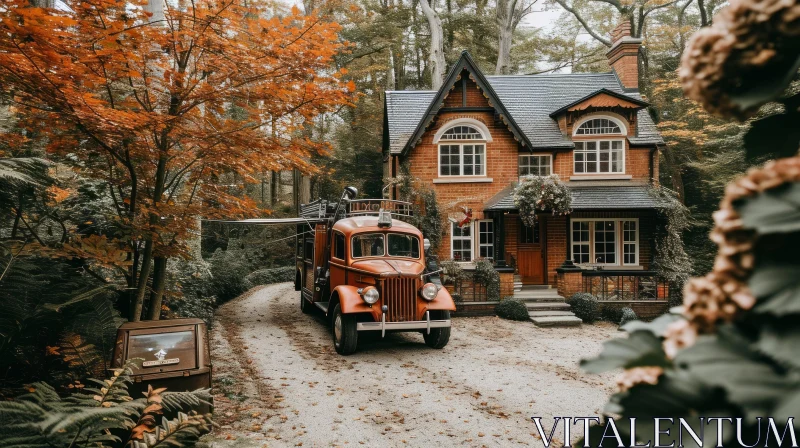 Serene Autumn Landscape with House and Vintage Red Fire Truck AI Image