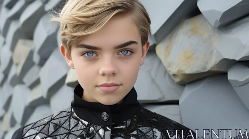 Serious Young Boy Portrait in Black Jacket AI Image