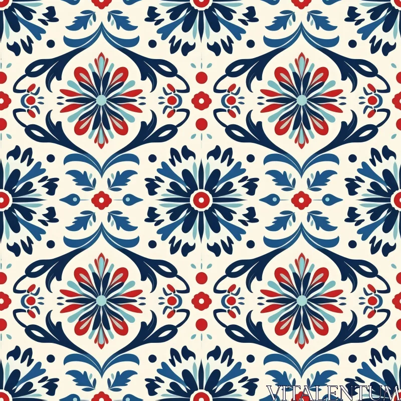 Stylized Flower and Leaf Pattern Inspired by Portuguese Azulejos AI Image