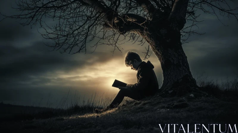 AI ART The Power of Knowledge: Enchanting Photo of Boy Reading Under a Majestic Tree