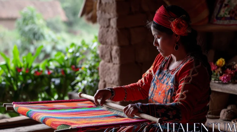 Traditional Craftsmanship: Weaving a Colorful Textile on a Traditional Loom AI Image