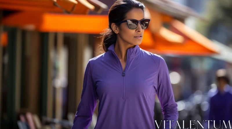 Urban Street Scene with Young Woman in Purple Shirt AI Image