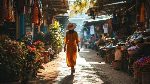 Vibrant Street Market Scene: Woman in Yellow Dress