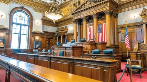 Awe-inspiring Courtroom Interior | Wood Paneling & American Flag