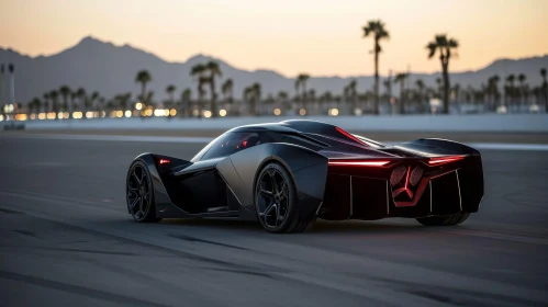 Black Futuristic Supercar Racing in Desert Landscape