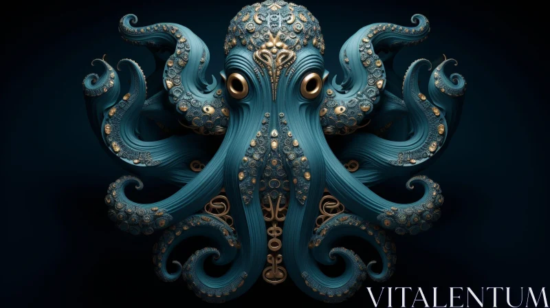 Blue and Gold Octopus 3D Rendering - Detailed Steampunk Style AI Image