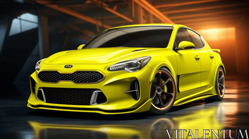 Bold and Energetic Yellow Kia Sedan in a Dimly Lit Garage AI Image