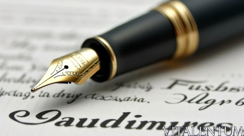 Captivating Close-Up: Black and Gold Fountain Pen on Yellowed Paper AI Image