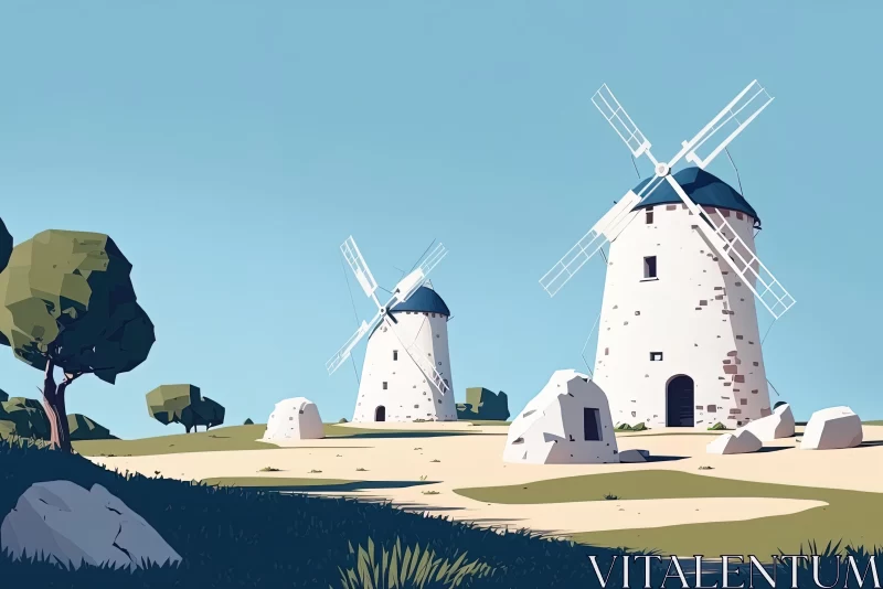 Captivating Windmills Illustration on a Mountainside AI Image
