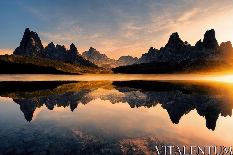 Ethereal Dolomite Mountains at Sunset with Reflection AI Image