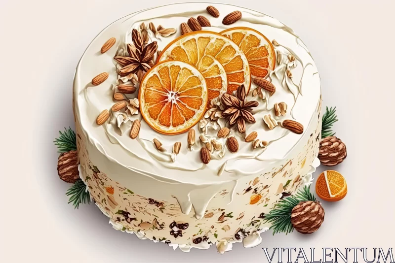 Highly Detailed Illustration of a Cake with Orange Slices and Pine Cones AI Image