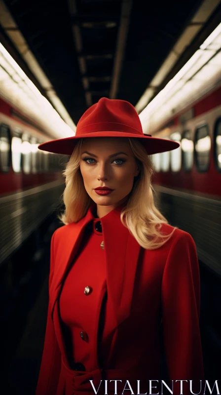Intense Young Woman in Red Hat and Coat with Trains in Background AI Image