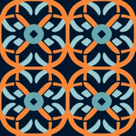 Intricate Interlocking Quatrefoils Pattern - Orange and Blue on Dark Blue