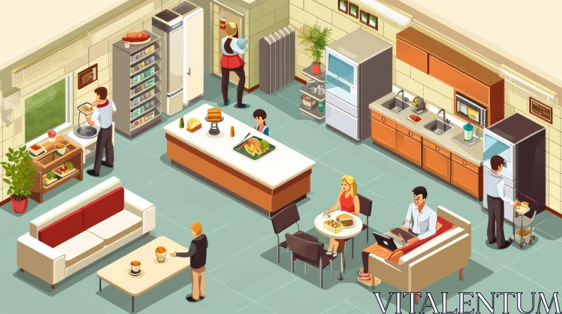 Isometric Office Kitchen Interior with People - Vector Illustration AI Image