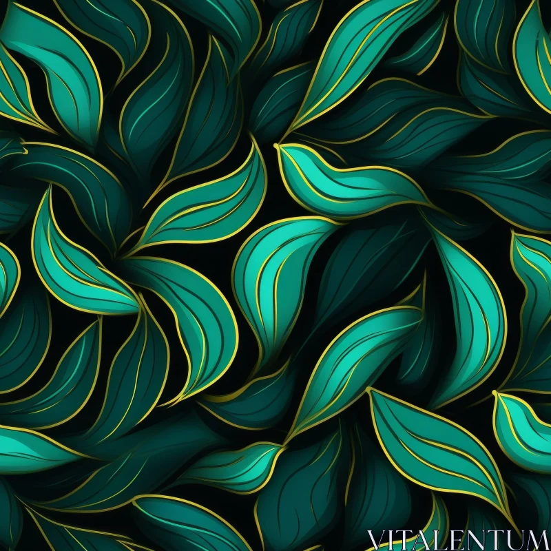Luxurious Dark Green Leaves Seamless Pattern on Black Background AI Image