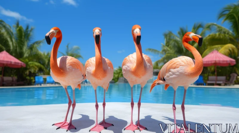 Pink Flamingos by Pool - Tropical Scene with Palm Trees AI Image