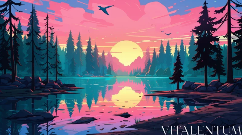 AI ART Serene Sunset Landscape: Lake and Mountains
