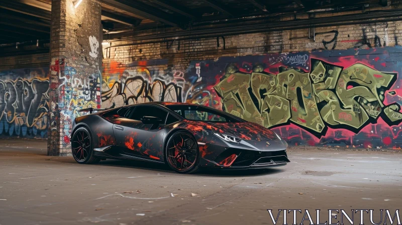 Black Lamborghini Aventador SVJ with Colorful Graffiti in Urban Setting AI Image
