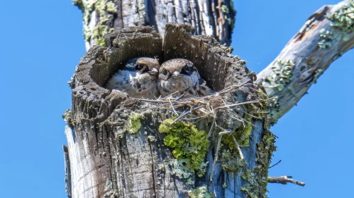 Charming Baby Birds in Nest on Tree Trunk