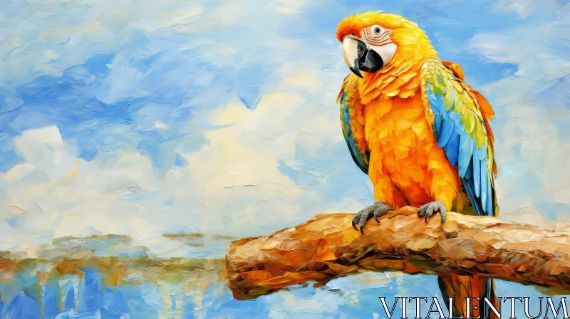 Colorful Parrot Painting on Branch in Sky AI Image