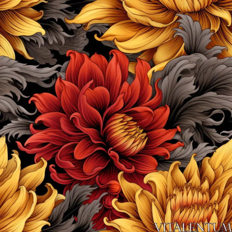 Elegant Red and Yellow Floral Seamless Pattern AI Image