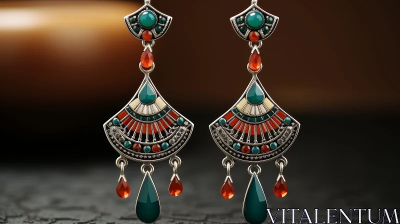 Exquisite Silver Fan Earrings with Green and Red Stones AI Image