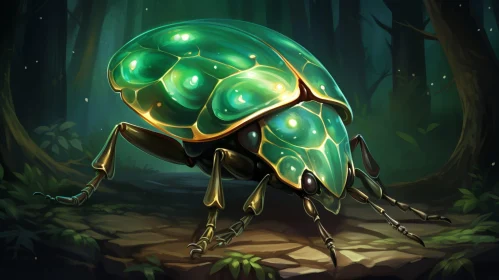 Green and Gold Beetle in Dark Forest - Digital Painting
